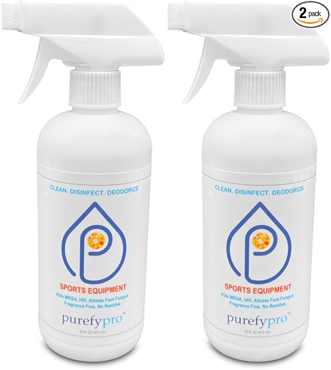 Purefypro Sports Equipment Disinfectant Spray (16oz 2pk) Kills 99.9999% MRSA HIV Athlete Foot Fungus Virus Fungi. No Residue. Great For Sports Pads Yoga Mats Shoes Boxing Gloves Gym Equipment