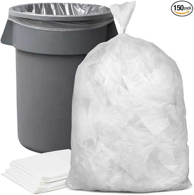 Plasticplace 56 Gallon Trash Bags - Clear High Density Garbage Bags - Heavy Duty Scent-Free Large Trash Can Liners for Kitchen Commercial &amp Garden Use 16 Microns Leak-Proof 43 x 48 (150 Co