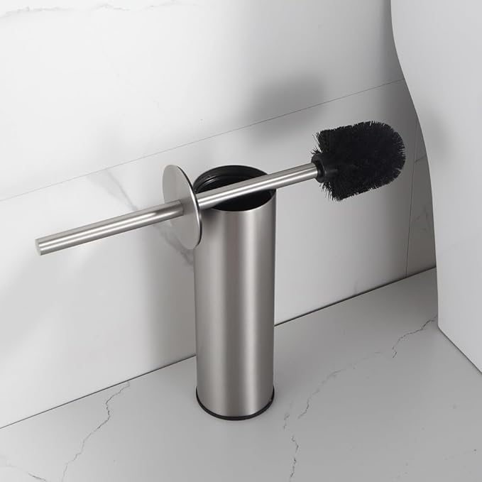 Toilet Brush and Holder Set Brushed Nickel Stainless Steel 304 Heavy Duty Round Toilet Brush Set – Rust Resistant Long Handle Replacement Heads Floor Standing Bathroom Toilet Cleaning