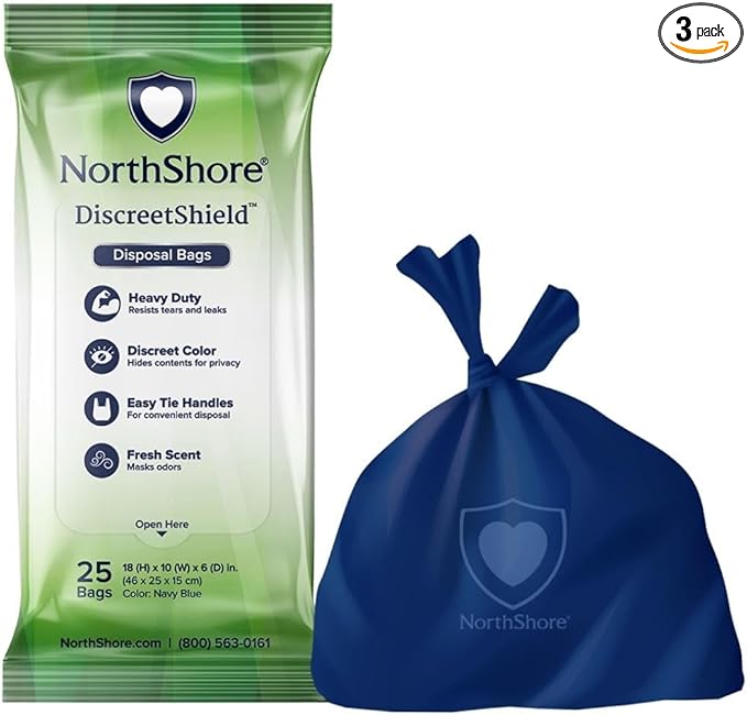 NorthShore DiscreetShield Disposal Bags for Adult Diapers 75-Count Opaque Navy Scented Easy-Tie Handles