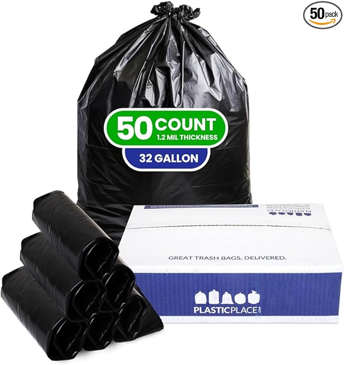Plasticplace 32 Gallon Trash Bags Garbage Can Liners for Toter Heavy Duty Contractor Black Garbage Bags Tear-Resistant Leak-Proof Extra Large Can Liners 44” x 54” 50 Count Trashbags 1.2 Mil