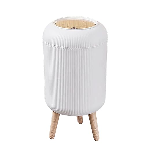 Trash Can With Lid for Bathroom 2 Gallon/10 Liter Round Garbage Bin With Press Top Plastic Modern Wastebasket With Soft Close Container for Bedroom Living Room Office (White)