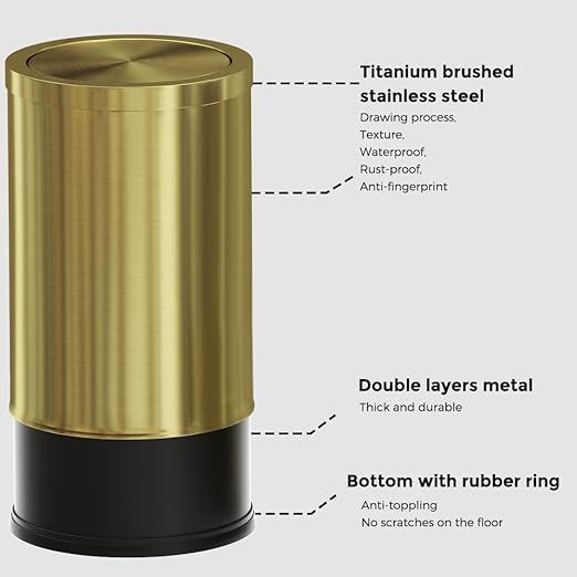 9 Liter/2.4 Gallon Gold Trash can with Swing lid Brass Small Trash can Gold Trash Bin with Lid for Office Living RoomBathroomRestaurant Bathroom