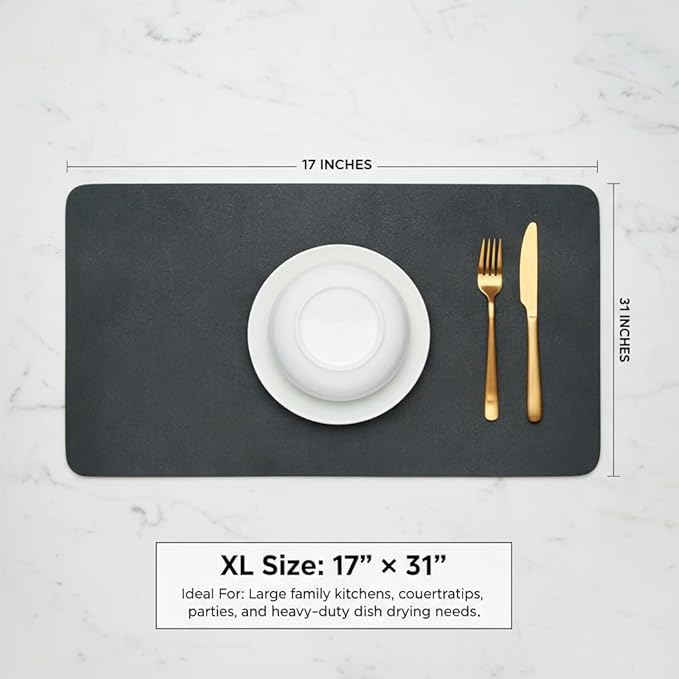 Dish Drying Mat Super Absorbent – 17 x 31 Coffee Mat for Countertops – Non-Slip Drying Mat for Kitchen Counter – Easy to Clean Water Absorbent Mat – XLarge Dish Drying Mats (Dark Gray)