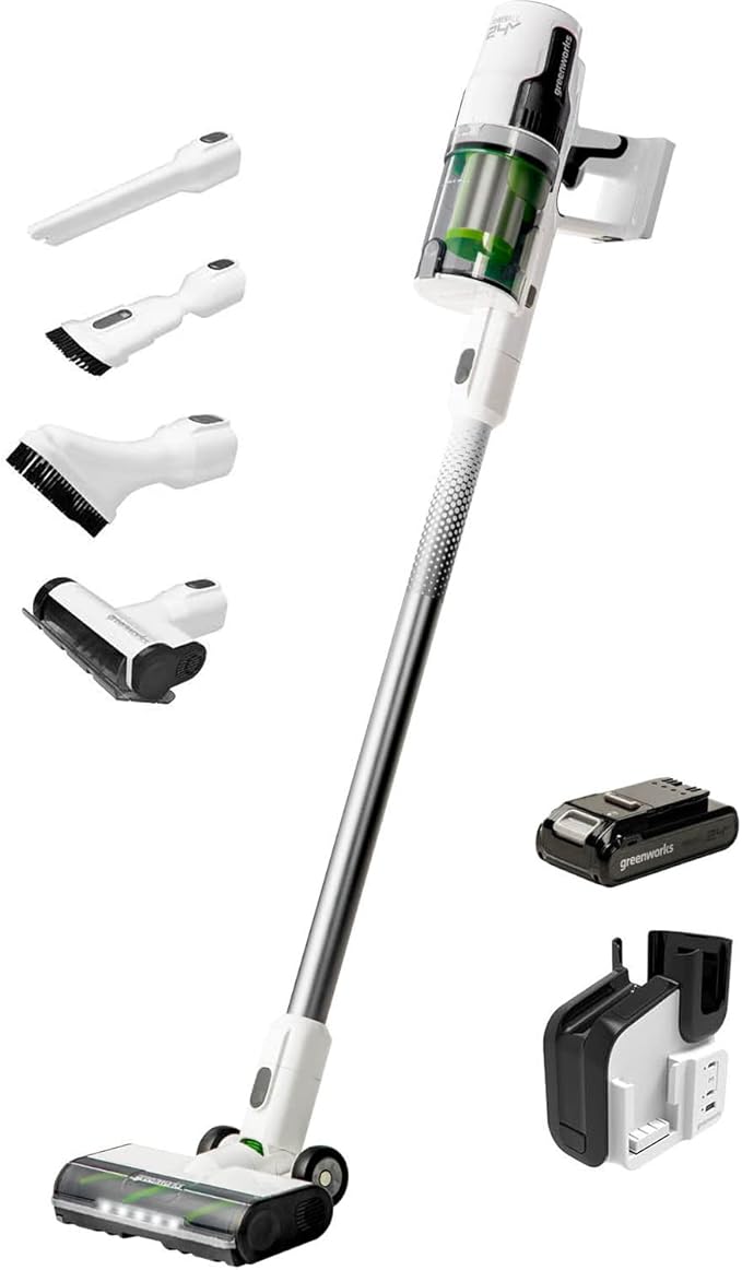 Greenworks 24V Deluxe Brushless (500W) Cordless Stick Vacuum Ultra Lightweight LED Lights 4Ah USB-C Battery and 30-Minute Super Charger Included (White)