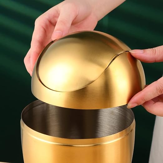 Mini Desktop Trash Can with Swing Lid 18/10 Stainless Steel Counter Top Garbage Bin Egg Shaped Metal Waste Bin (Orange Red 0.4 Gallon)