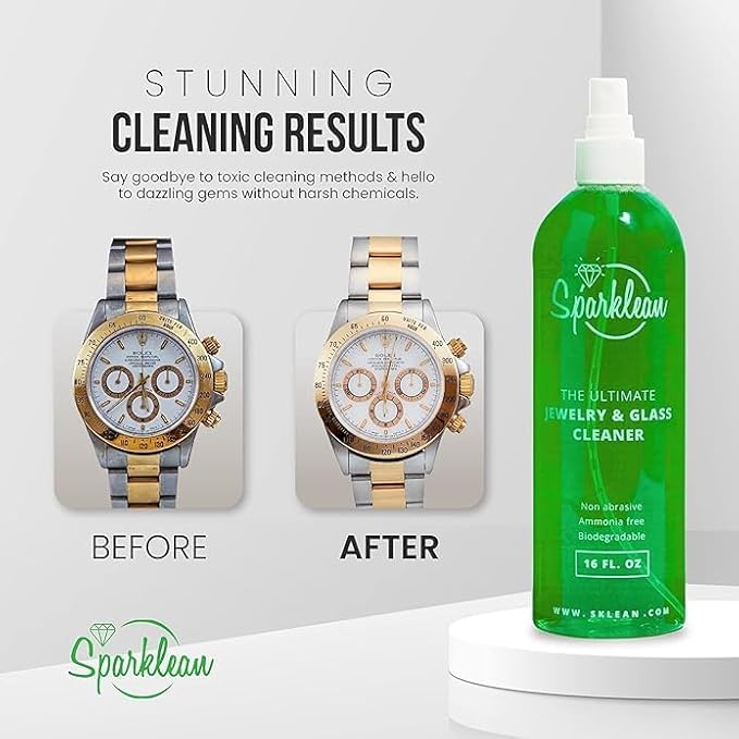 SPARKLEAN Jewelry &amp Glass Cleaner Spray (8 Oz) - Biodegradable Ammonia-Free Solution for Gold Silver &amp Diamond Rings - Safe for All Metals &amp Gemstones - Eco-Friendly - Everyday Size
