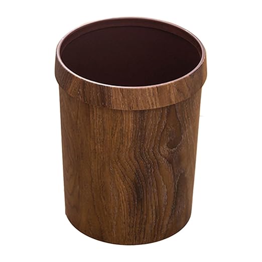 Lurrose Retro Trash Can 10L Imitation Wood Grain Wastebasket with Press Ring Vintage Kitchen Bathroom Garbage Bin for Living Room and Toilet Use