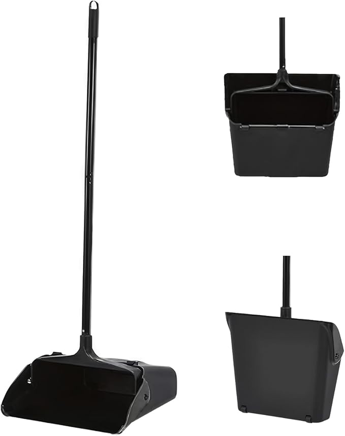 Pivoting Upright Dust Pan with Long Handle and Wheels Large Capacity Heavy Duty Commercial Dustpan for Indoor Outdoor Standing Dust Pan for Home and Restaurant Cleaning Black