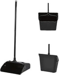 Pivoting Upright Dust Pan with Long Handle and Wheels Large Capacity Heavy Duty Commercial Dustpan for Indoor Outdoor Standing Dust Pan for Home and Restaurant Cleaning Black