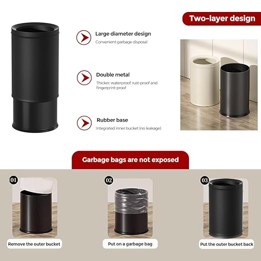 9L/2.3GAL Black Bathroom Trash Can Small Office Wastebasket Double Metal Bucket Body for Bathroom BedroomChildren's Room Powder RoomHotelBank (9L-Black)