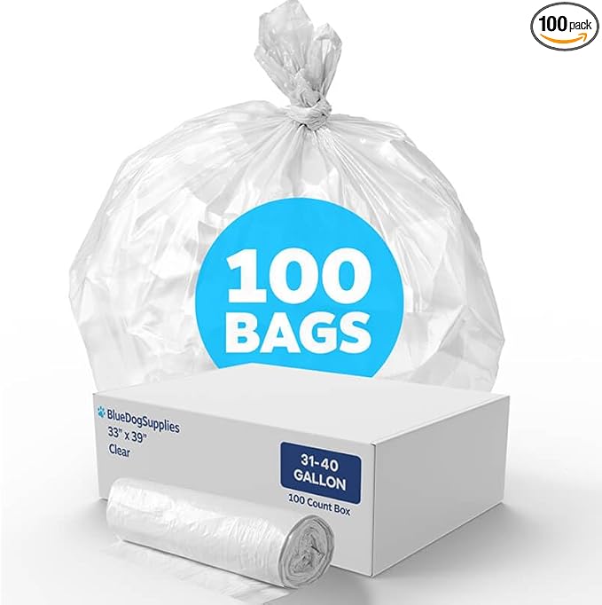 Super Extra Heavy-Duty 33 Gallon Clear Trash Bags 1.47 Mil Garbage Bags 33 x 39 100 Count