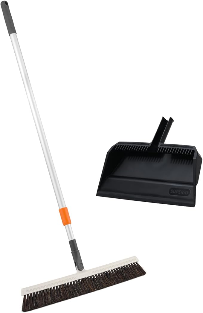 Superio 18 Horse Hair Upright Broom with Telescopic Handle &amp 16 Black Dustpan with Comb Rubber Lip &amp Clip – Narrow Thin Dust Broom for Dog Hair – Hardwood &amp Tile Floor Cleaning Set – Gr
