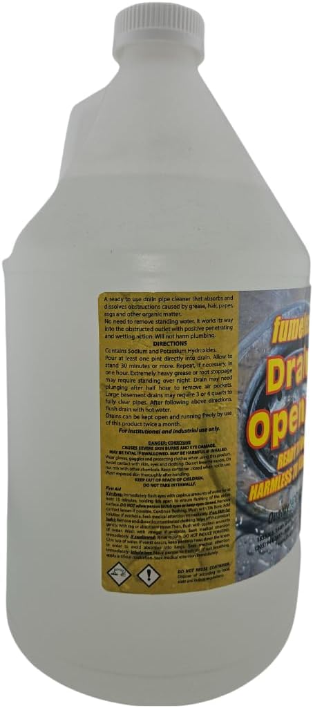 Quality Chemical Fumeless Drain Opener - Fast Acting Clog Remover and Declogger - Professional Strength - for Bathtub Kitchen Sink Drano Hair Clog Remover - Drain Cleaner 128 oz (Pack of 1)