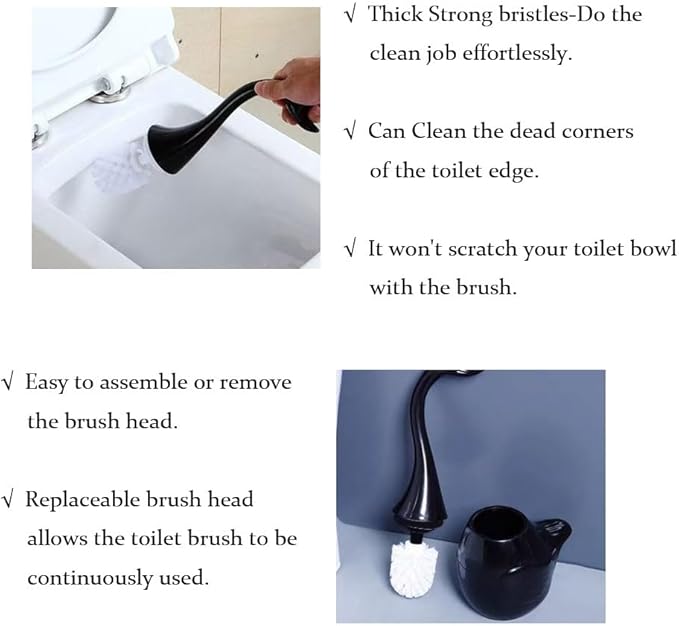 Ceramic Toilet Brush and HolderCute Bathroom Decor Toilet Bowl Brush Household Cleaning Tool for BathtubBlack