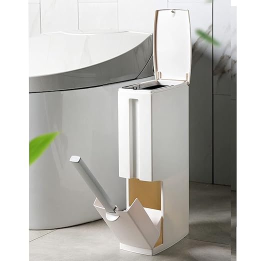 Slim Bathroom Trash Cans with Lid 4.4 Inches Wide/0.7 Gallon(3 Liters)Small Narrow Lidded Bathroom Trash Can with Toilet Brush for RV CamperTiny Garbage Can RV Accessories for Inside (Ivory)