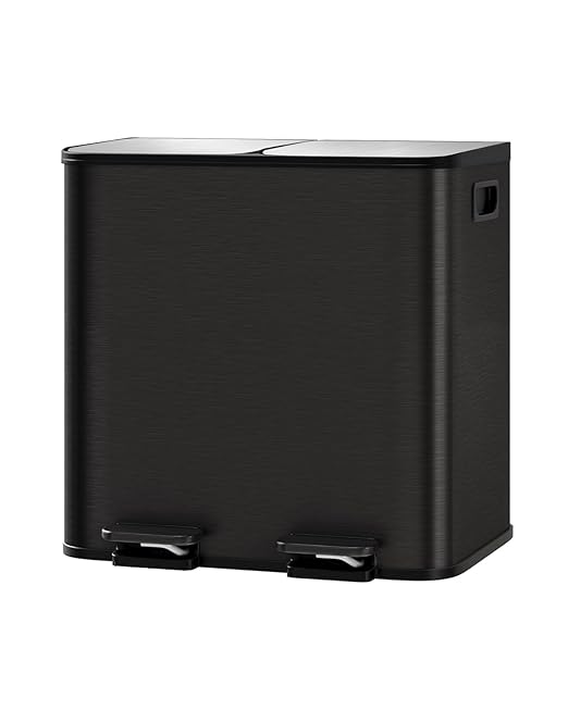 GarveeHome 2 x 4 gal Stainless Steel Double Trash Can with Lid for Kitchen Large Dual Trash and Recycle Bin Combo Step-on Kitchen Metal Garbage Cans PP Inner Buckets Liner Rim Black