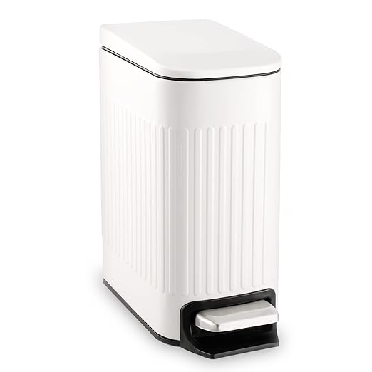 TrashAid Slim Bathroom Trash Can with Lid Soft Close 6 Liter/1.6 Gallon Stainless Steel Small Garbage Can with Removable Inner Bucket Step Pedal Slim Wastebasket for Toilet Office Bedroom White
