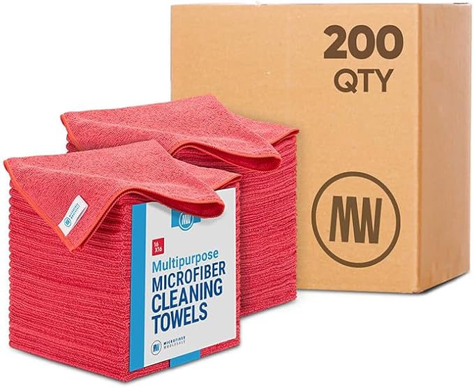 Microfiber Wholesale Bulk 16 x 16 All Purpose Towels Case Quantity (200 Count) | Large | No Fraying | High Density Microfiber | Zero Chemical Cleaner | Long-Lasting (Red)
