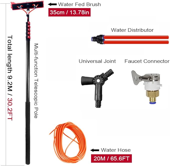 Telescopic Aluminum Water Fed Pole KitSolar Panel Cleaning Brush with 20M Water HoseOutdoor Roof Window Glass Cleaner Set with 180° Rotatable Brush Head for House S(Size:9.2M/30FTColor:35cmBrush)
