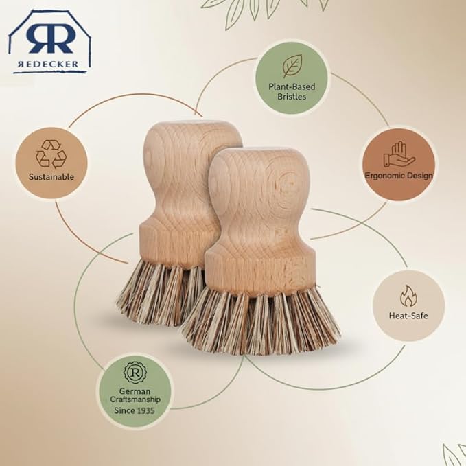REDECKER Natural Fiber Bristle Pot Brush - Untreated Beechwood Handle - Heat-Resistant Union Fiber Head for Cleaning Pots Pans and More - 2-1/2 inch Diameter - Set of 2 - Boar Bristle Dish Brush