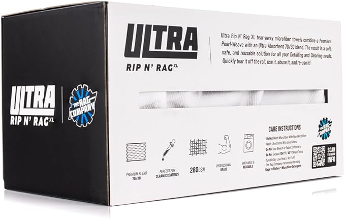 The Rag Company - Ultra Rip N' Rag XL Premium Reusable Pearl-Weave Microfiber Towels for Coatings Glass Detailing Home RV and More - 50 Count - Quality 70/30 Blend - 280gsm 16 x 16 - White