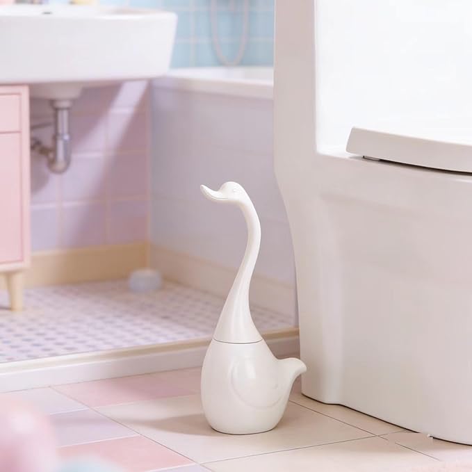Swan Toilet Brush and Ceramic Holder SetCute Bathroom Decor Non-Scratch Bristles Space-Saving White Household Cleaning Tool for Bathtub