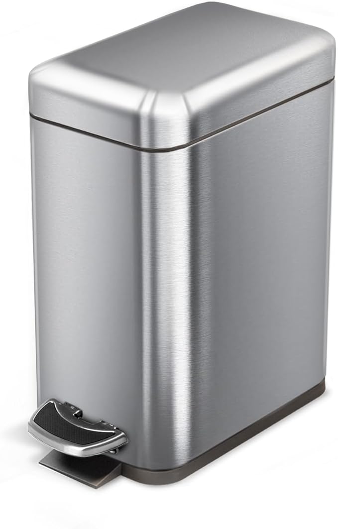 Home Zone Living 1.3 Gallon Small Bathroom Trash Can with Lid and Step Pedal Stainless Steel Wastebasket with Slim Design for Home and Office Silver 5 Liters