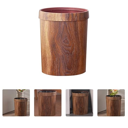 Hemoton Decorative Trash Can Plastic Wood Small Round Wastebasket Bamboo Garbage Container Bin Trash Can Pail for Bathroom Kitchen Office