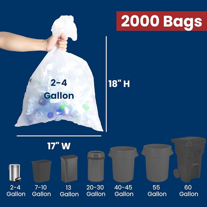 4 Gal Trash Bags | 2000 Count | 17 X 18 Small Clear Garbage Bags for Home Use