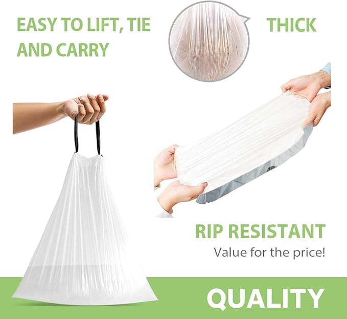5 Gallon 220pcs Strong Drawstring Trash Bags Garbage Bags by Teivio Bathroom Trash Can Bin Liners Small Plastic Bags for home office kitchen White