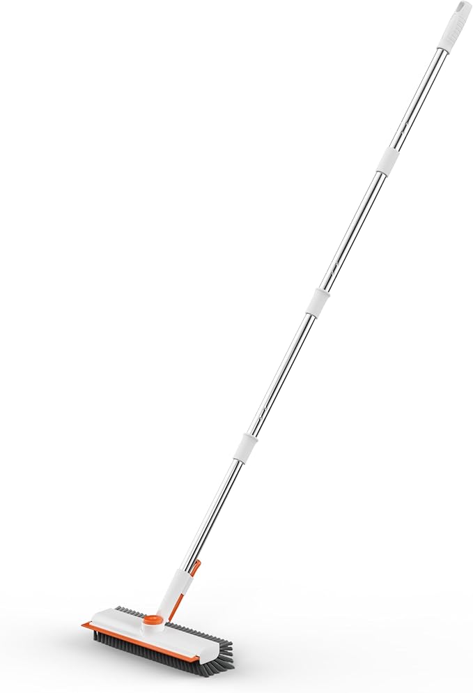 AIR U+ Floor Scrub Brush with Long Handle 3 in 1 Scrape and Heavy-Duty Stiff Bristle Scrubber Brush for Cleaning Shower Bathroom Patio Pool Garage Kitchen Wall and Deck White and Orange