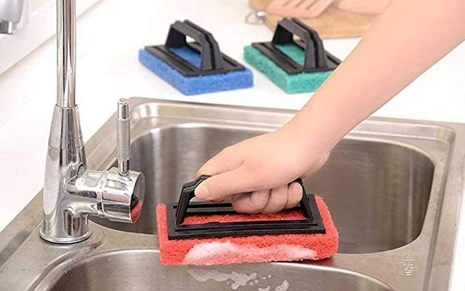Tile Floor Cleaning Brush with Sponge Scrub Pad &amp Handle Pack of 6 Pieces Multicolor