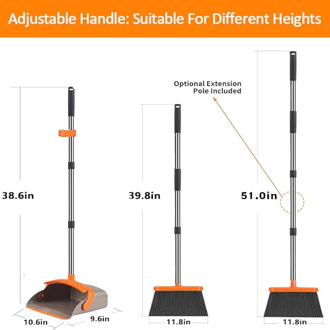 2-Pack is More economicalUpgraded Broom and Dustpanwith 52 Long Handle Dustpan Teeth with self-Cleaning Function Indoor and Outdoor Sweeping Perfect for Home Office (Large Size/Orange /2-Pack)