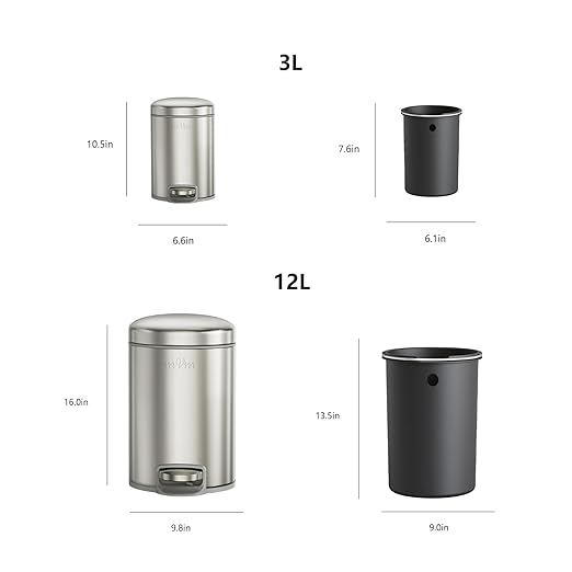 mVm Trash Can Set 3.2 Gallon(12L)+0.8 Gallon(3L) Kitchen Bathroom Trash Cans Combo Step Round Brushed Stainless Steel Garbage Can with Lid Anti-FingerprintSoft-Closefor Home Office(Silver)