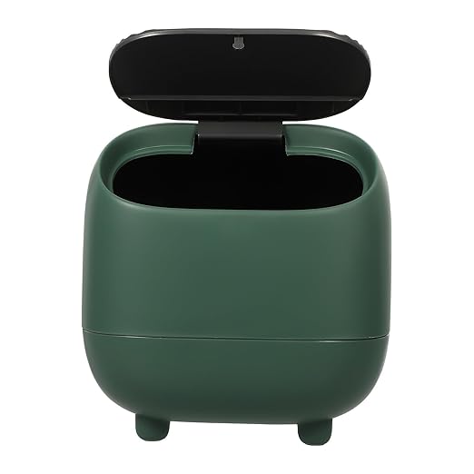Zerodeko Creative Mini Desktop Trash Can with Press Lid Green Compact Rubbish Container for Office and Home Use Covered Small Wastebasket for Tabletop Organization