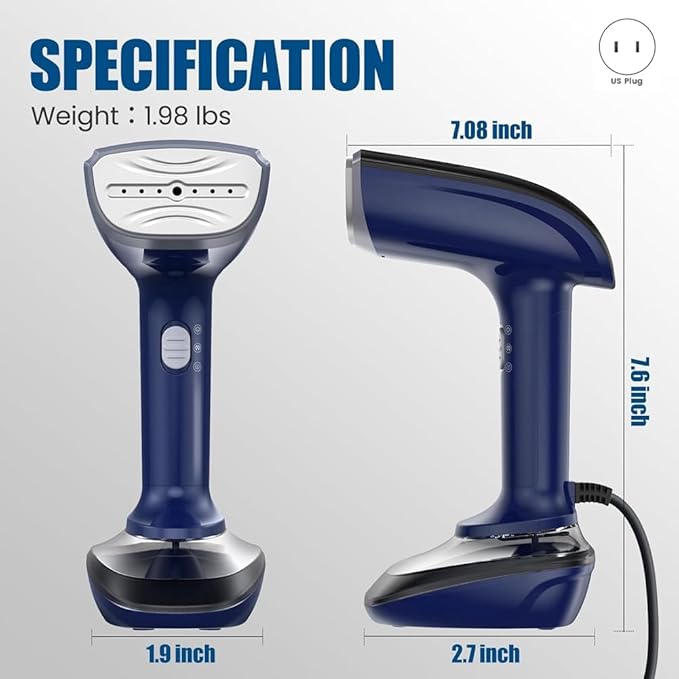 Powerful Handheld Fabric Steamer - 1800W with Fast Ceramic Heat-Up Plate 2-in-1 Ironing &amp Wrinkle Remover US Plug White