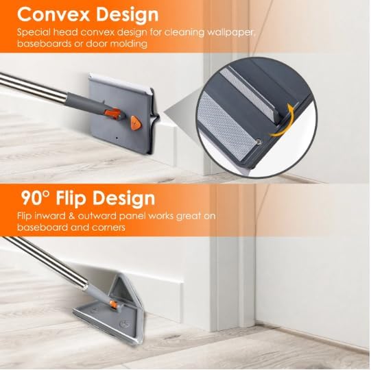 2 in 1 Baseboard Cleaner Mop with Squeegee Extendable Long Handle 8 Reusable Fiber Flannel Chenille Mop Pads 360° Rotatable Convex Design for Wall Ceiling Window