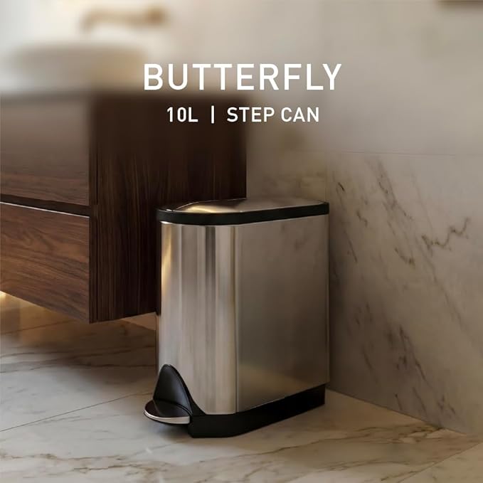 simplehuman 10 Liter / 2.6 Gallon Butterfly Lid Bathroom Step Trash Can Brushed Stainless Steel with Black Trim