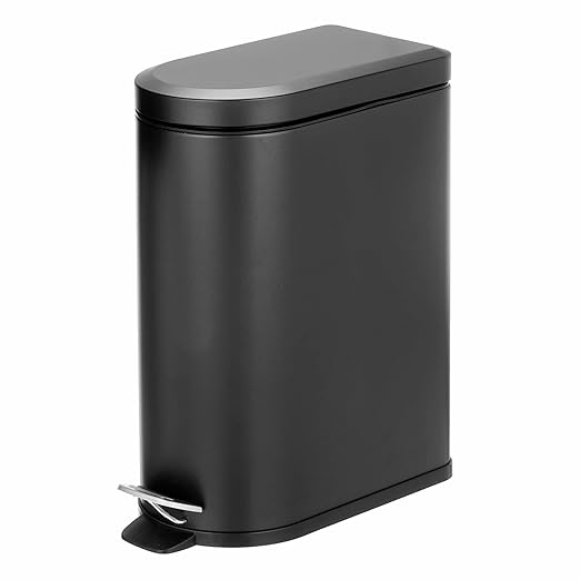 mDesign Small 2.6 Gallon/10 Liter Stainless Steel Metal Step Trash Can Garbage Bin for Bathroom Bedroom Home Office D-Shape Trashcan with Foot Pedal/Lid Removable Liner Bucket with Handles Black