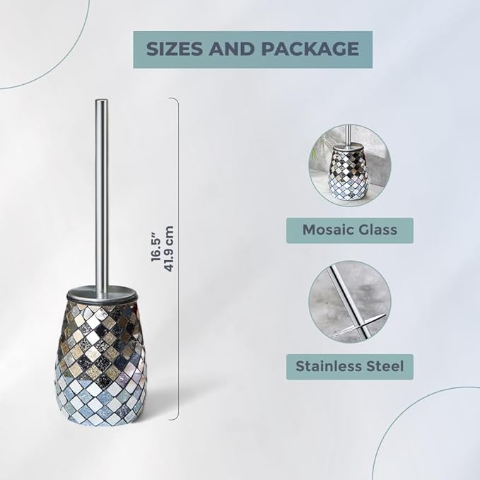Escenzy Modern Toilet Brush and Holder Set Mosaic Glass | Non-Rustic Stainless Steel | Practical &amp Decorative Toilet Bowl Brush and Holder | Luxury Black and Gold Bathroom Accessories