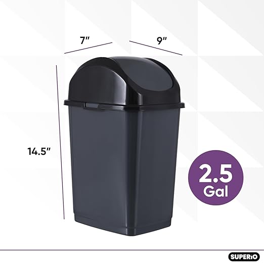 Superio Small 2.5 Gallon Plastic Trash Can with Swing Top Lid Compact Slim Waste Bin for Under Desk Office Bedroom Bathroom Dorm Room 10 Qt. Portable Garbage Can (Dark Grey 2 Pack)