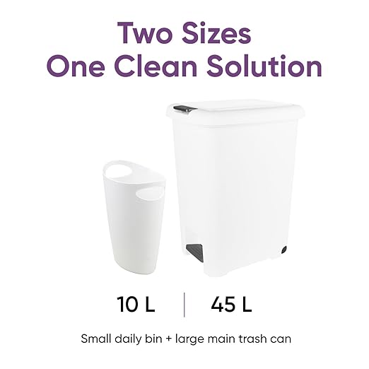 Superio 10L and 45L Slim Step &amp Push Trash Cans - 2 Pack Dual Opening Space-Saving Design Durable Plastic - White