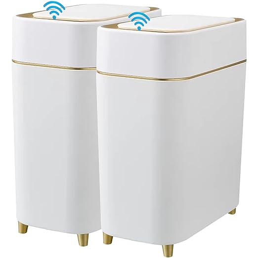 Yatmung 2-Pack - Automatic Compact Trash Can with Touchless Lid Smart Garbage Can - Waste Basket for Bathroom Bedroom Laundry Room Small Spaces - Motion Sensor Trash Bin - White with Gold Edge