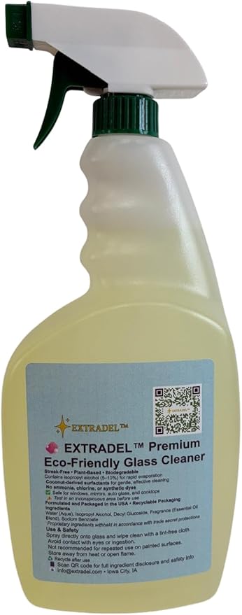 EXTRADEL™ Premium 32 fl oz Eco-Friendly Glass Cleaner Plant-Based Streak-Free Light Naturally-Derived Scent Biodegradable Spray