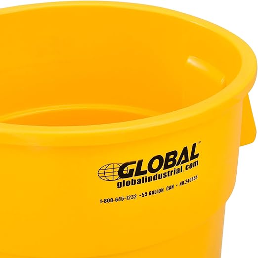 Global Industrial Commercial Round Trash Can 55 Gallon Capacity Plastic Garbage Can Indoor and Outdoor Utility Trash Can Yellow 26-1/4W x 33-1/8H No Lid
