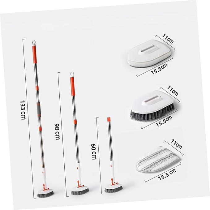 PRETYZOOM Long Handle Tub Tile Scrubber Brush with Hard Bristle and Fiber Cloth for Bathroom Floor Grout Cleaning Multi Surface Scrub Tool with Hanging for Easy Storage and Efficient Shower