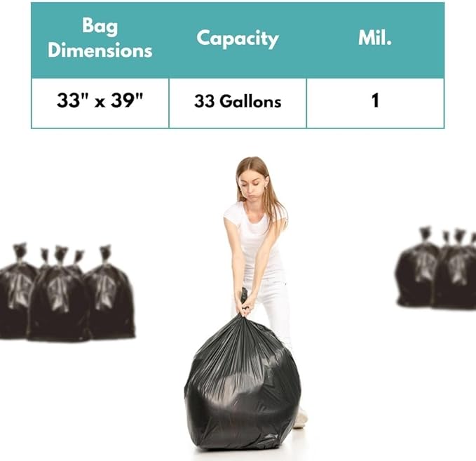 33 Gallon Black Trash Bag 1 Mil Thick 100 Bags Large Can Liners for Commercial Kitchen Office Multi-Use Garbage Bags
