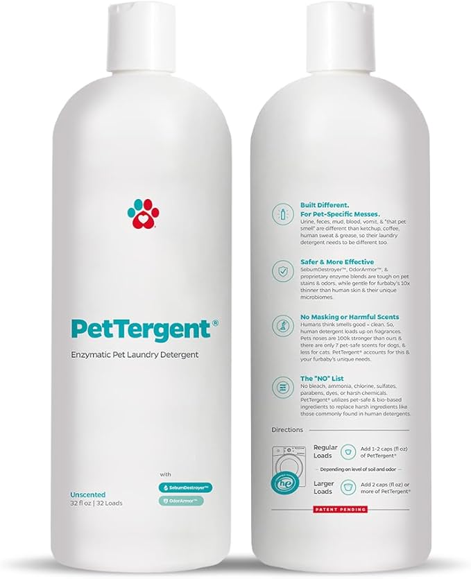 Pet Parents® PetTergent® Enzymatic Pet Laundry Detergent 32 oz 32 Loads Pet Stain Remover &amp Pet Odor Eliminator Laundry Detergent for Pets (Unscented 32 oz)