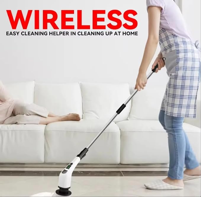 7-in-1 Electric Spin Scrubber with Long Extension Handle Cordless Cleaning Brush with 2 Speeds Power Scrubber with 7 Replaceable Brush Heads for Floor TileBathroomShower BathtubGlassCar etc.